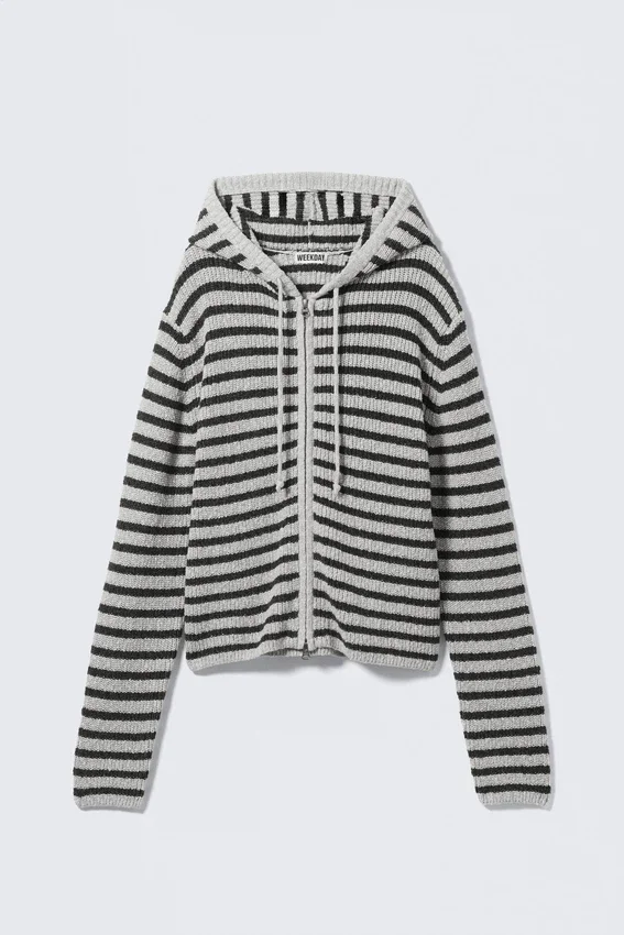 Knitted Slim Fit Zip Hoodie – Striped Grey Melange Knitted Slim Fit Zip Hoodie – Striped Grey Melange