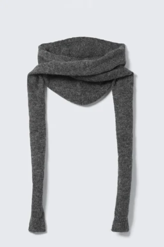 Knitted Tie Hood Scarf – Dark Grey Melange