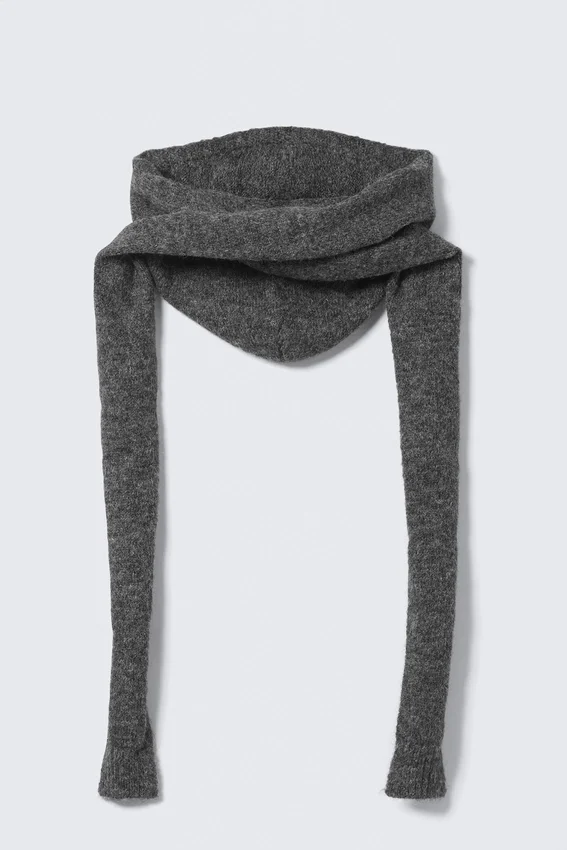 Knitted Tie Hood Scarf – Dark Grey Melange Knitted Tie Hood Scarf – Dark Grey Melange