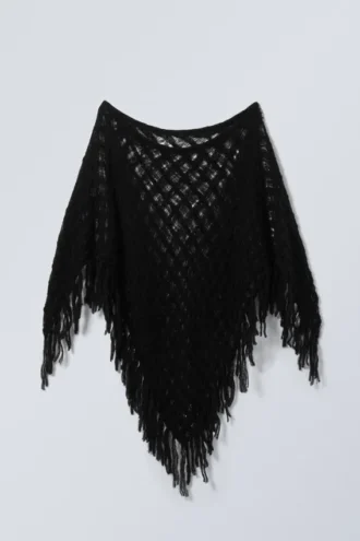 Knitted Wool Blend Poncho – Black