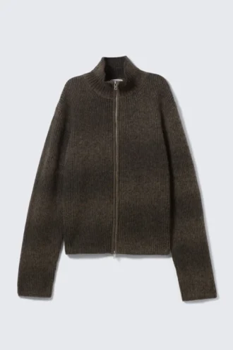 Knitted Wool-Blend Zip Cardigan – Dark Brown Space-Dye