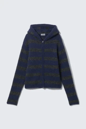 Knitted Wool-Blend Zip Hoodie – Blue & Grey Stripes