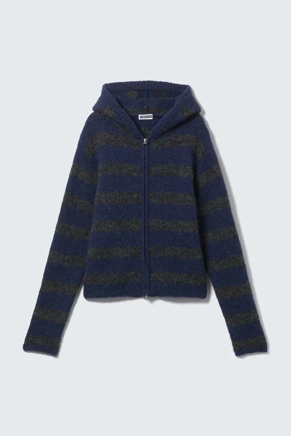 Knitted Wool-Blend Zip Hoodie – Blue & Grey Stripes Knitted Wool-Blend Zip Hoodie – Blue & Grey Stripes