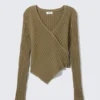 Knitted Wrap-Shaped Asymmetric V-Neck Sweater – Dark Khaki Green Knitted Wrap-Shaped Asymmetric V-Neck Sweater – Dark Khaki Green