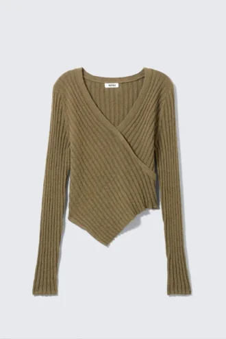 Knitted Wrap-Shaped Asymmetric V-Neck Sweater – Dark Khaki Green