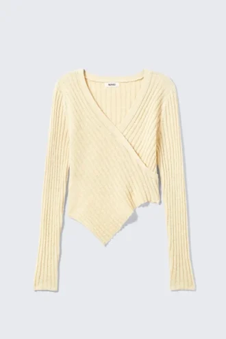 Knitted Wrap-Shaped Asymmetric V-Neck Sweater – Light Dusty Beige