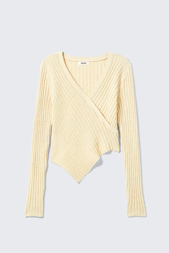 Knitted Wrap-Shaped Asymmetric V-Neck Sweater – Light Dusty Beige Knitted Wrap-Shaped Asymmetric V-Neck Sweater – Light Dusty Beige