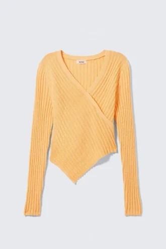 Knitted Wrap-Shaped Asymmetric V-Neck Sweater – Yellow