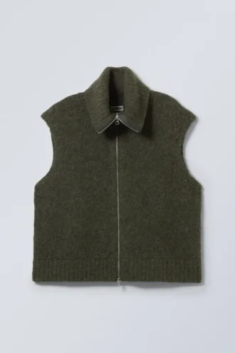 Knitted Zip Vest – Dark Khaki Green