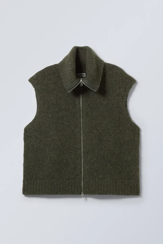 Knitted Zip Vest – Dark Khaki Green Knitted Zip Vest – Dark Khaki Green