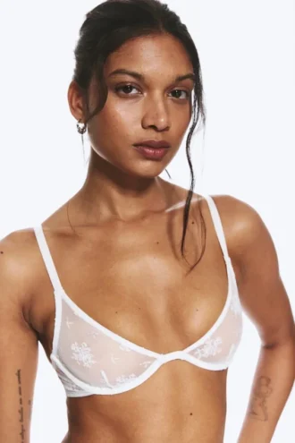 Lace Plunge Wire Bra – White