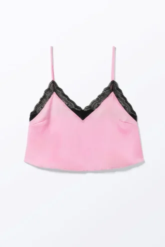 Lace Satin Strap Top – Pink – Black Lace