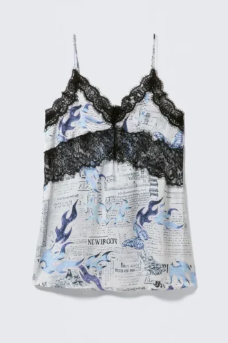 Lace-Trim A-Line Mini Slip Dress – White Newspaper/Blue Flame