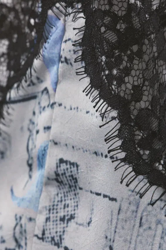 Lace-Trim A-Line Mini Slip Dress – White Newspaper/Blue Flame Lace-Trim A-Line Mini Slip Dress – White Newspaper/Blue Flame