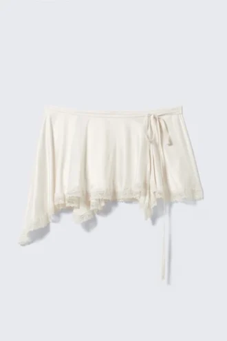 Lace-Trim Satin Wrap Mini Skirt – White