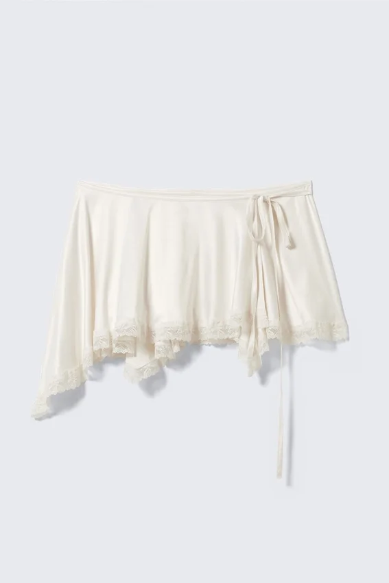 Lace-Trim Satin Wrap Mini Skirt – White Lace-Trim Satin Wrap Mini Skirt – White