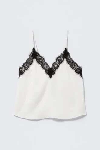 Lace-Trimmed Satin Camisole – White