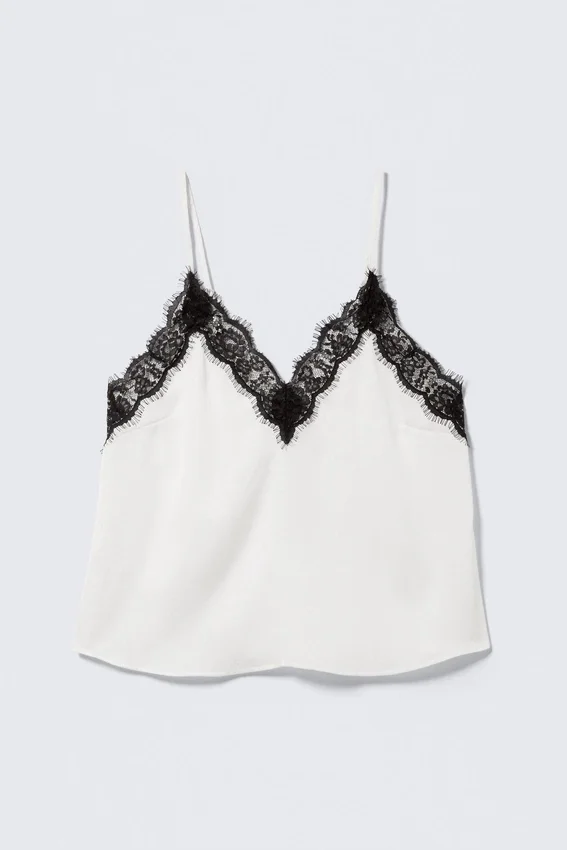 Lace-Trimmed Satin Camisole – White Lace-Trimmed Satin Camisole – White