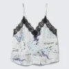 Lace-Trimmed Satin Camisole – White Newspaper – Blue Flame Lace-Trimmed Satin Camisole – White Newspaper – Blue Flame