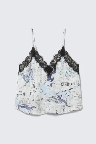 Lace-Trimmed Satin Camisole – White Newspaper – Blue Flame