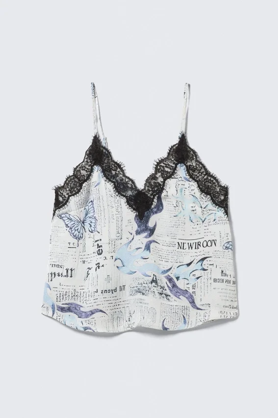 Lace-Trimmed Satin Camisole – White Newspaper – Blue Flame Lace-Trimmed Satin Camisole – White Newspaper – Blue Flame