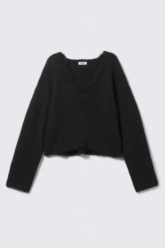 Lace-Trimmed V-Neck Sweater – Black
