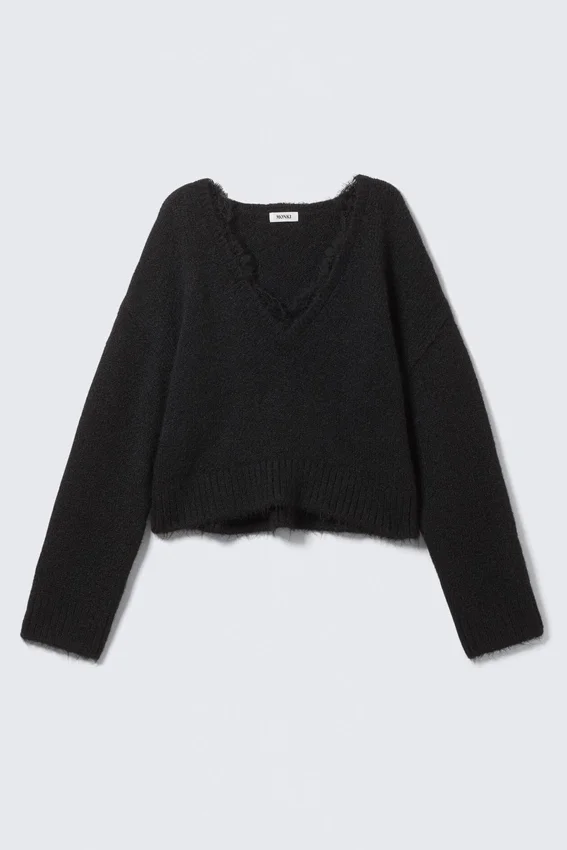 Lace-Trimmed V-Neck Sweater – Black Lace-Trimmed V-Neck Sweater – Black