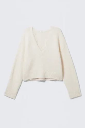 Lace-Trimmed V-Neck Sweater – White