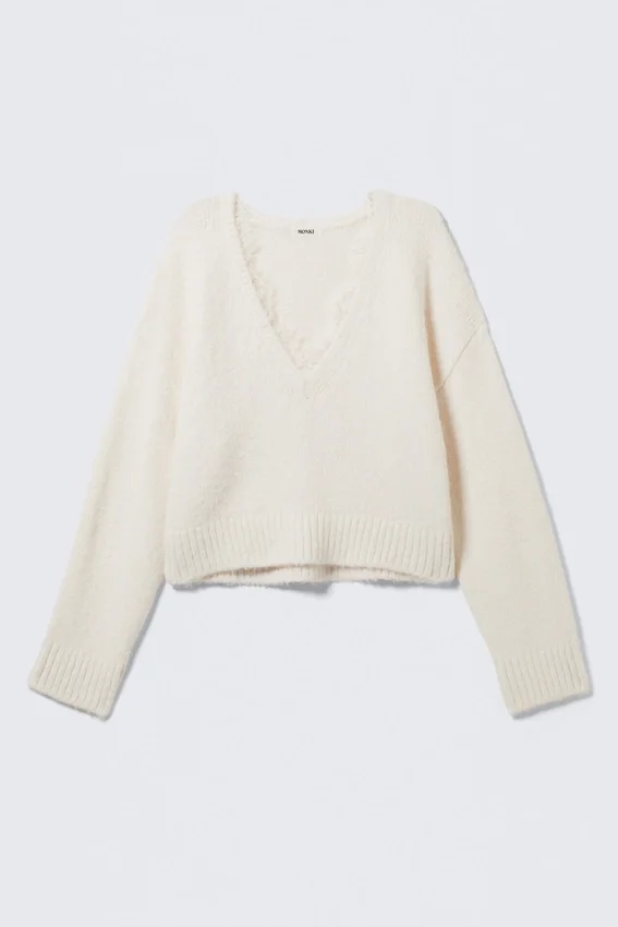 Lace-Trimmed V-Neck Sweater – White Lace-Trimmed V-Neck Sweater – White
