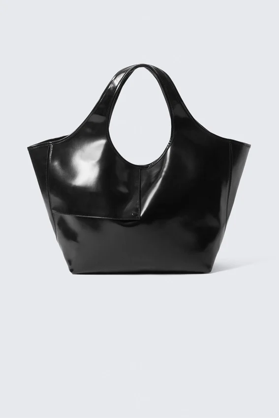 Large Glossy Faux Leather Tote – Black Large Glossy Faux Leather Tote – Black