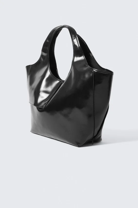 Large Glossy Faux Leather Tote – Black Large Glossy Faux Leather Tote – Black