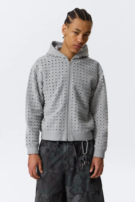 Laser Cut Zip Hoodie – Grey Melange Laser Cut Zip Hoodie – Grey Melange