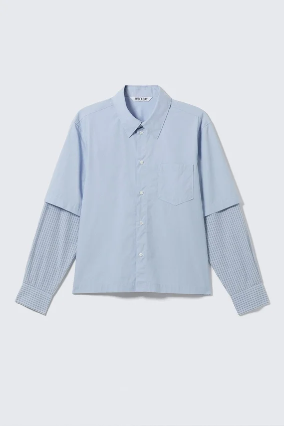 Layered Contrast Sleeve Shirt – Light Blue & Blue Check Layered Contrast Sleeve Shirt – Light Blue & Blue Check