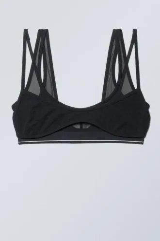 Layered Cotton Mesh Bra – Black Black