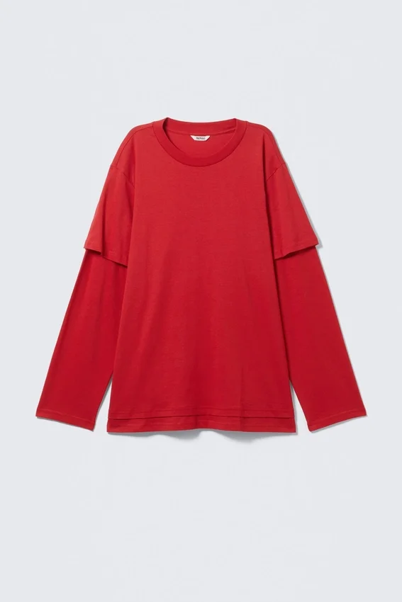 Layered Long-Sleeved Cotton T-Shirt – Bright Red Layered Long-Sleeved Cotton T-Shirt – Bright Red