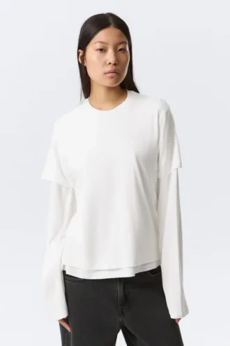 Layered Long-Sleeved Cotton T-Shirt – White