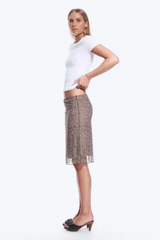 Layered Mesh Midi Skirt – Khaki/Burgundy – Floral