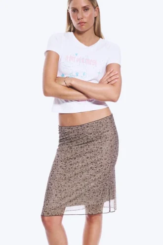 Layered Mesh Midi Skirt – Khaki/Burgundy – Floral