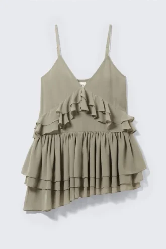 Layered Ruffled Mini Cami Dress – Khaki Green
