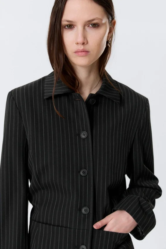 Lean Buttoned Jacket – Pinstriped Black Lean Buttoned Jacket – Pinstriped Black