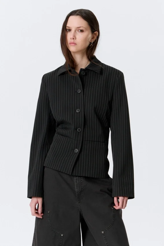 Lean Buttoned Jacket – Pinstriped Black Lean Buttoned Jacket – Pinstriped Black