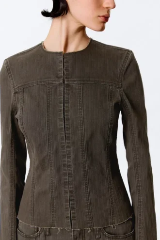 Lean Frayed Cotton Jacket – Striped Dark Grey