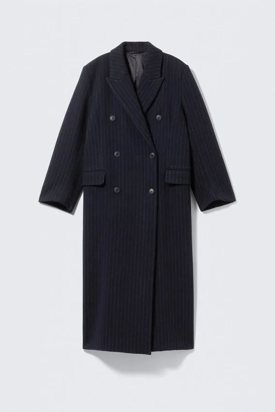 Logan Double-Breasted Wool-Blend Coat – Dark Blue – Pinstripe Logan Double-Breasted Wool-Blend Coat – Dark Blue – Pinstripe