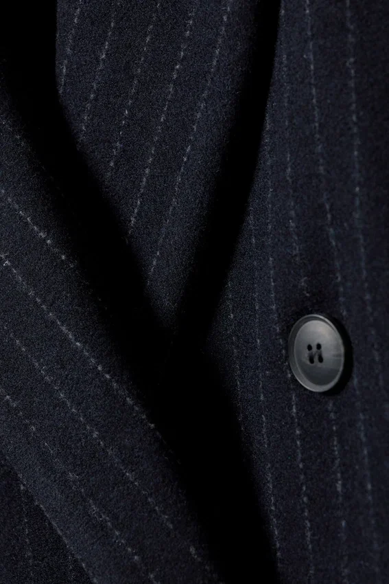 Logan Double-Breasted Wool-Blend Coat – Dark Blue – Pinstripe Logan Double-Breasted Wool-Blend Coat – Dark Blue – Pinstripe
