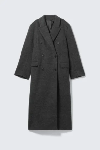 Logan Hairy Double-Breasted Wool-Blend Coat – Dark Grey Melange