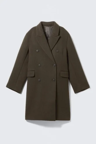 Logan Knee-Length Wool-Blend Coat – Dark Khaki Green