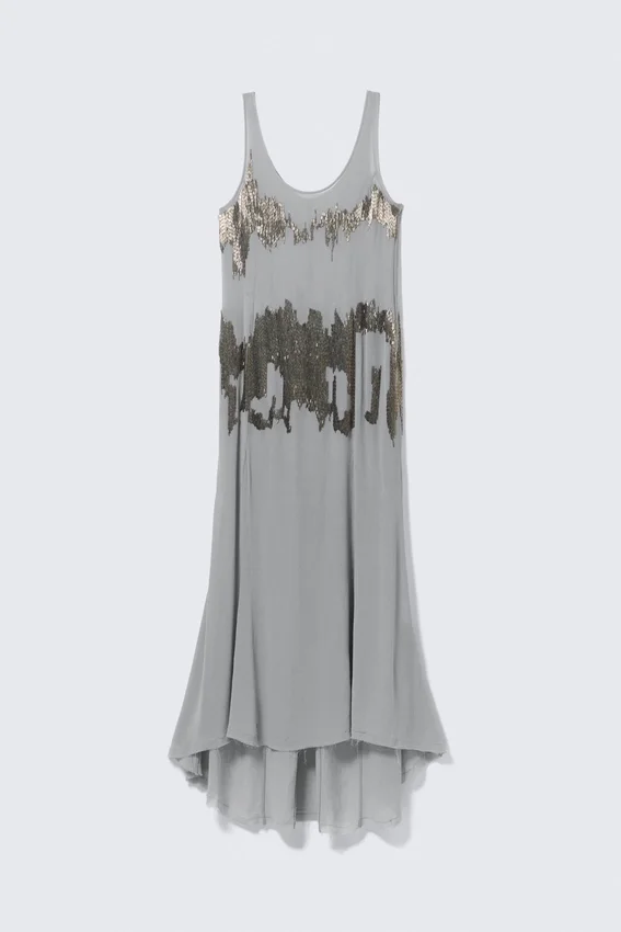 Long Beaded Sleeveless Dress – Beaded Light Grey Long Beaded Sleeveless Dress – Beaded Light Grey