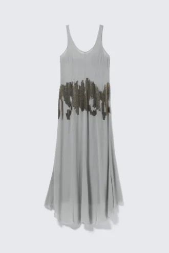 Long Beaded Sleeveless Dress – Beaded Light Grey