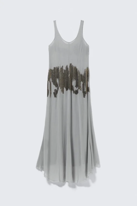 Long Beaded Sleeveless Dress – Beaded Light Grey Long Beaded Sleeveless Dress – Beaded Light Grey