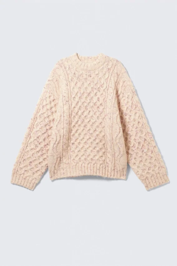 Long Cable Knit Textured Sweater – Beige – Pink Neps Long Cable Knit Textured Sweater – Beige – Pink Neps
